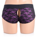 Strap U Lace Envy Pegging Set Purple and Black featuring a lace harness with a crotchless design.