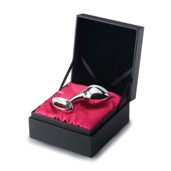 njoy Pure Stainless Steel Plug Large in a luxurious gift box with red satin lining.
