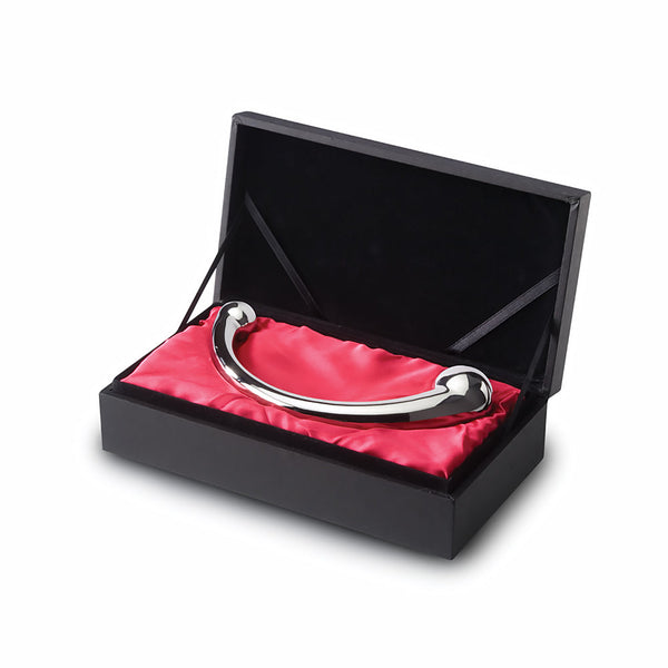 Njoy Pure Wand in an elegant black box with red satin lining, showcasing its sleek stainless steel design.