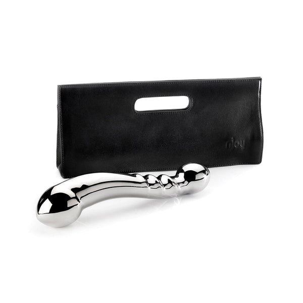 njoy Eleven Stainless Steel Dildo next to a stylish black storage pouch.