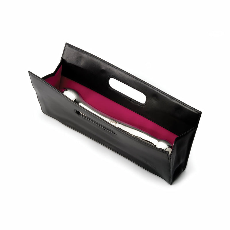 njoy Eleven Stainless Steel Dildo displayed in a stylish black and pink bag.