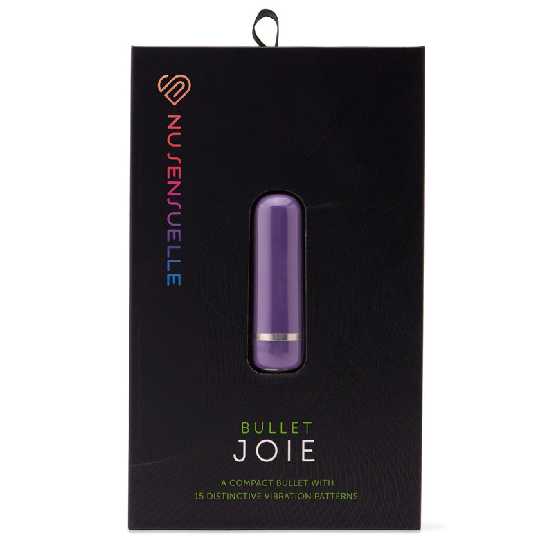 Nu Sensuelle Joie Rechargeable Silicone Bullet Purple packaging featuring a compact design and 15 vibration patterns.