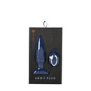 Nu Sensuelle Andii Anal Plug Navy Blue on packaging with roller motion feature highlighted.