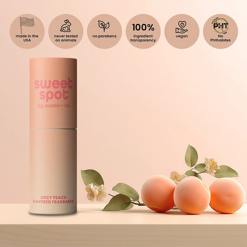 Sweetums Sweet Spot Flavored Fragrance Juicy Peach product with packaging and peaches on display