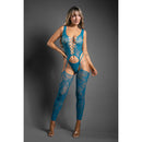 Fantasy Lingerie Footless Floral Knit Bodystocking Teal showcasing a sheer floral knit design that flatters the figure.