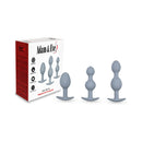 Adam & Eve Vibra-ball Trio Weighted Butt Plug Set Gray featuring three silicone plugs in graduated sizes.