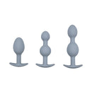 Adam & Eve Vibra-ball Trio Weighted Butt Plug Set Gray featuring three graduated silicone plugs.