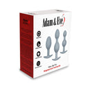 Adam & Eve Vibra-ball Trio Weighted Butt Plug Set Gray with three graduated plugs packaging.