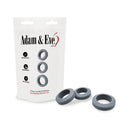 Adam & Eve 3 Piece Comfort Enhancer Cock Ring Set Gray displayed with flexible silicone rings in packaging.