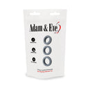 Adam & Eve 3 Piece Comfort Enhancer Cock Ring Set Gray packaging featuring three silicone rings for enhanced comfort.