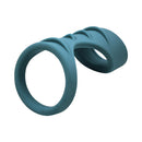 Adam & Eve Adam's Ridged Cage Silicone Cock Ring Teal displayed on a white background, showcasing its dual-loop design.
