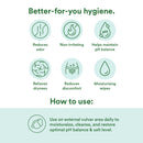 Good Clean Love Balance Personal Wipes 30 count benefits infographic showing hygiene features and usage instructions.