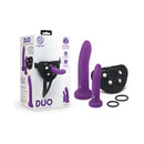 Together Duo 2 Pc 5.5 inch & 8 inch Dildo and Harness Set Purple packaging with dildos and harness displayed.