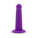 Together Tilt 6.5 inch Silicone Dildo and Harness Set Purple displayed in vibrant purple silicone.