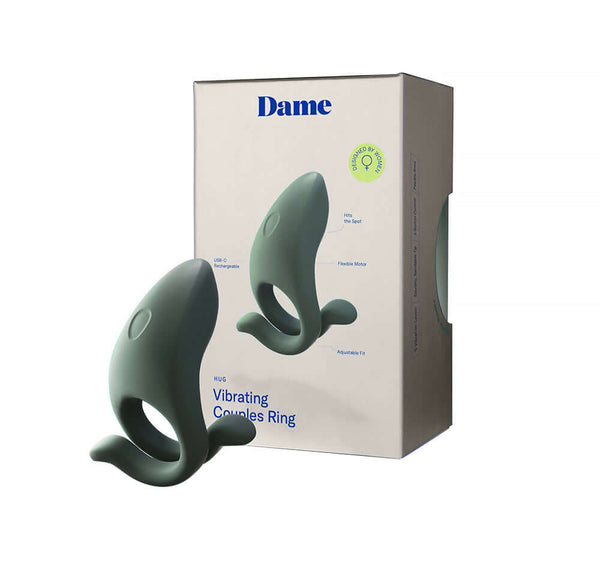 Dame Hug Vibrating Couples Ring Steel in green with packaging for enhanced intimacy and pleasure.
