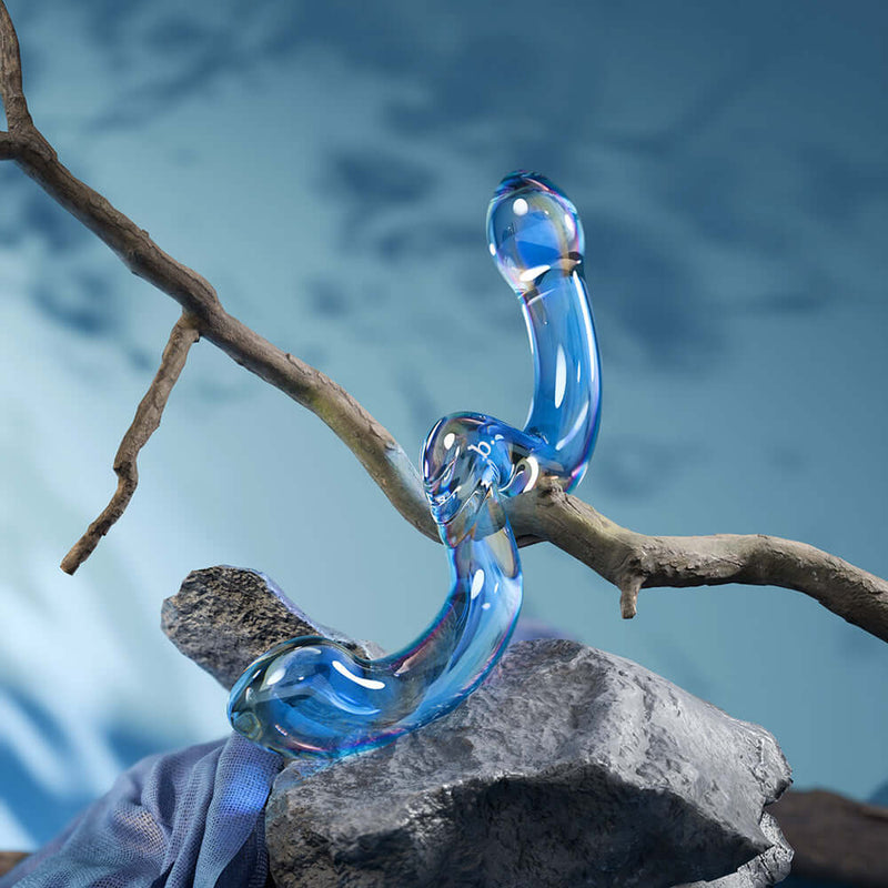Biird x Wicul OhWii Double Ended Glass Dildo featuring a sleek blue design on a natural backdrop.