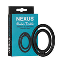 Nexus Double Enduro Silicone Cock and Ball Ring Black in packaging with product on display for enhancing erection.