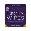 Sweetums Lucky Wipes Banana Flavor 10 Pack box featuring banana flavor for intimate wipes.