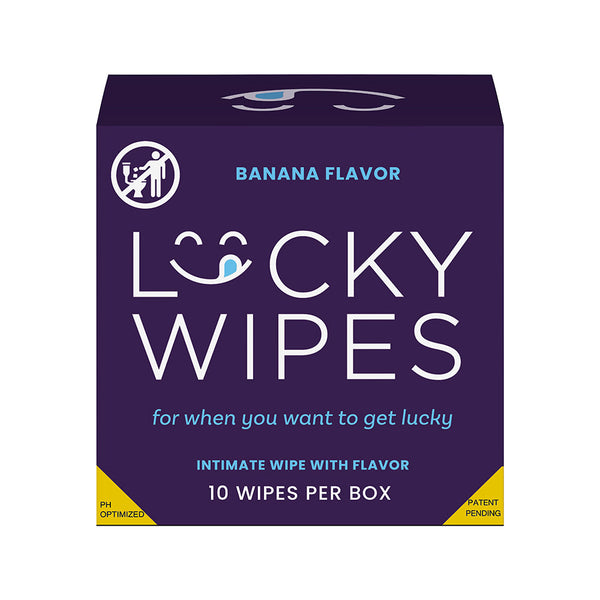 Sweetums Lucky Wipes Banana Flavor 10 Pack box featuring banana flavor for intimate wipes.