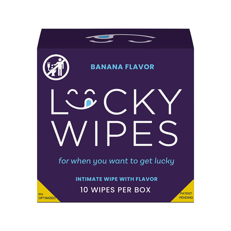 Sweetums Lucky Wipes Banana Flavor 10 Pack box featuring banana flavor for intimate wipes.