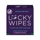 Sweetums Lucky Wipes Cucumber Flavor 10 Pack box featuring the sweet cucumber flavor for intimate freshness.