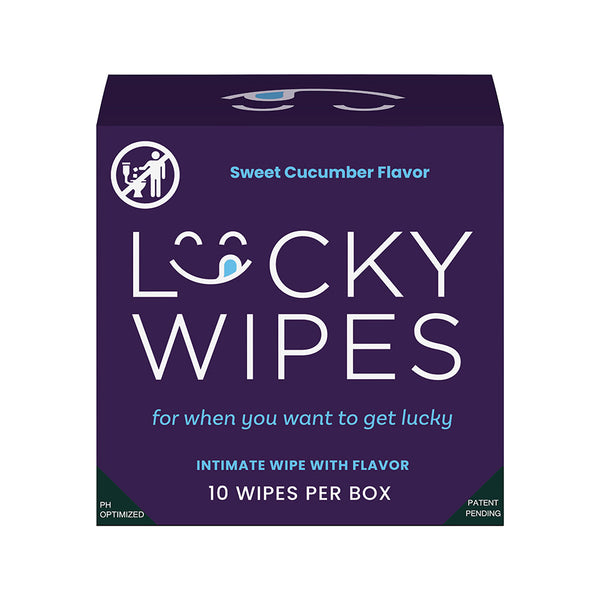 Sweetums Lucky Wipes Cucumber Flavor 10 Pack box featuring the sweet cucumber flavor for intimate freshness.