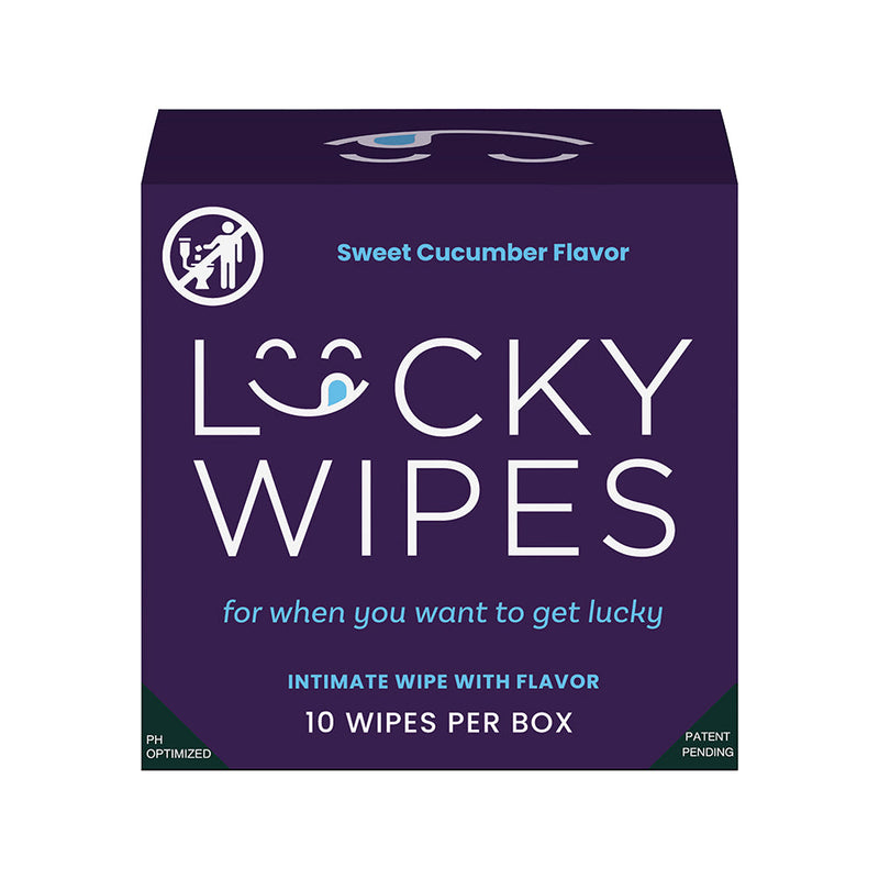 Sweetums Lucky Wipes Cucumber Flavor 10 Pack box featuring the sweet cucumber flavor for intimate freshness.