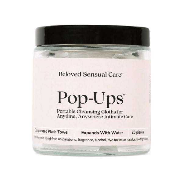 Beloved Pop-Up Cleansing Cloths jar, compressed plush towels that expand with water for fresh, on-the-go intimate care.