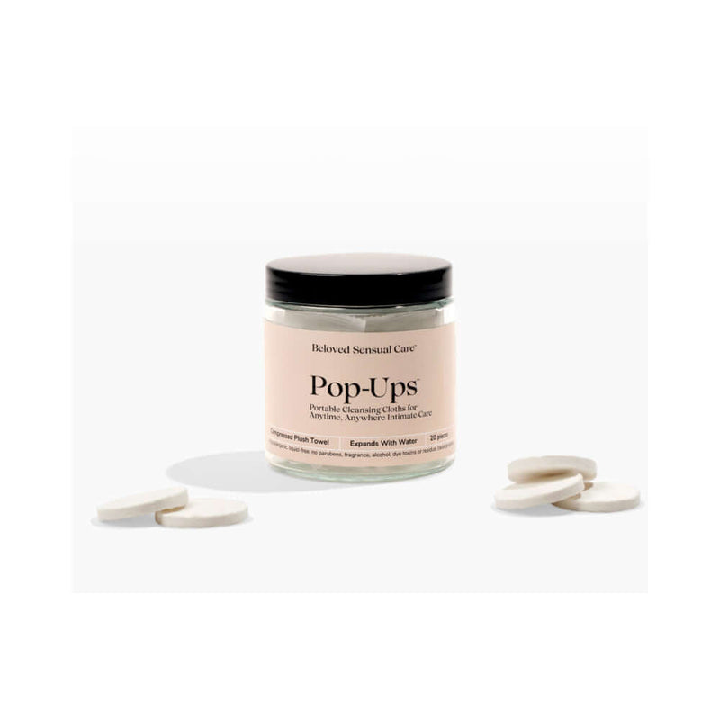 Beloved Pop-Up Cleansing Cloths jar with cleansing cloth tablets on a white background for on-the-go freshness.