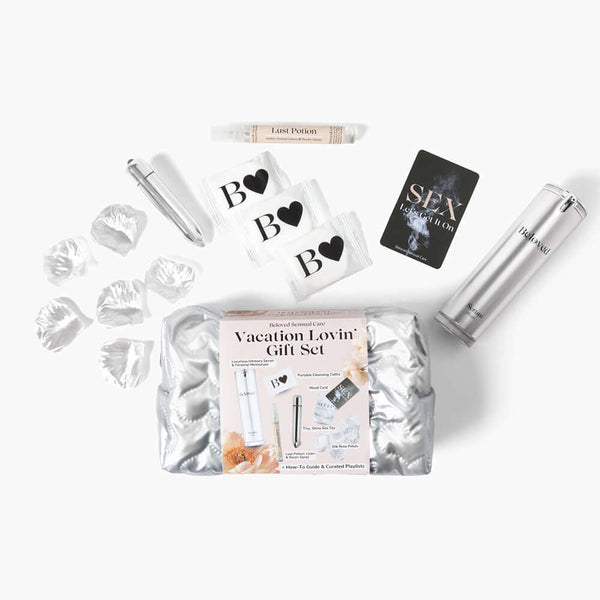 Beloved Vacation Lovin Gift Set featuring intimacy serum, cleansing cloths, and a silver carrying case.