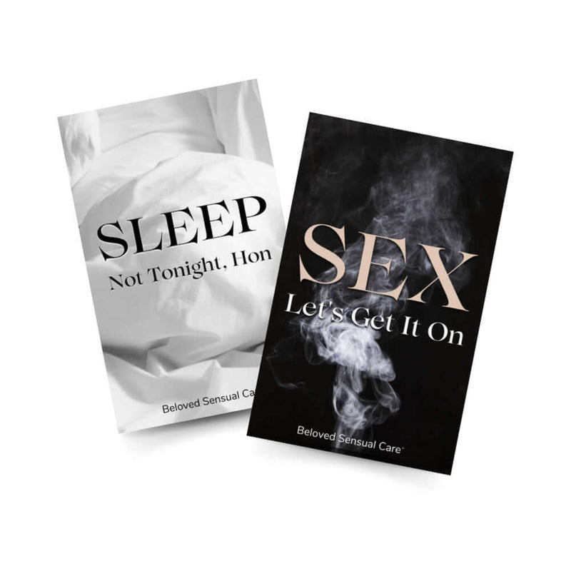 Image of 'Sleep' and 'Sex' cards from the Beloved Vacation Lovin Gift Set, featuring playful and sensual messages.