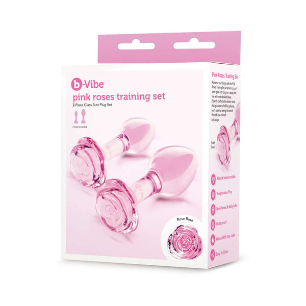 b-Vibe Pink Roses Training Plug Set 2-Piece Glass Butt Plug Set with rose bases in elegant pink packaging