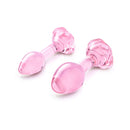 b-Vibe Pink Roses Training Plug Set featuring two elegant glass anal plugs in soft pink with rose bases.
