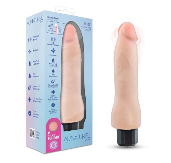 Au Naturel Vanilla Ice Vibrating Dildo 8.75 inches in packaging with soft curves and flexible shaft for pleasure.