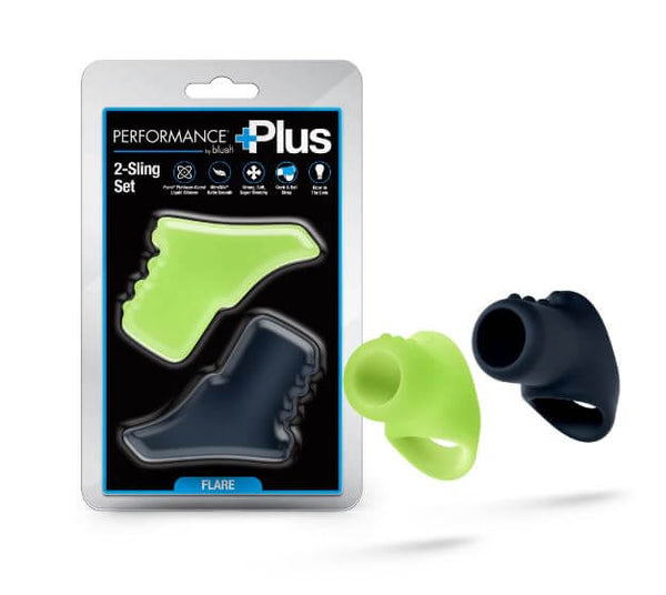 Performance Plus Flare Silicone Cock Sling Set Glow in The Dark packaging featuring two silicone cock rings.