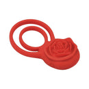 Adam & Eve Double Ring Vibrating Rose Cock Ring in red silicone, featuring double rings and a textured rose for enhanced pleasure.