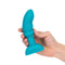 b-Vibe Remote Control Rimming P-Spot Plug held in hand, vibrant blue design for prostate stimulation.