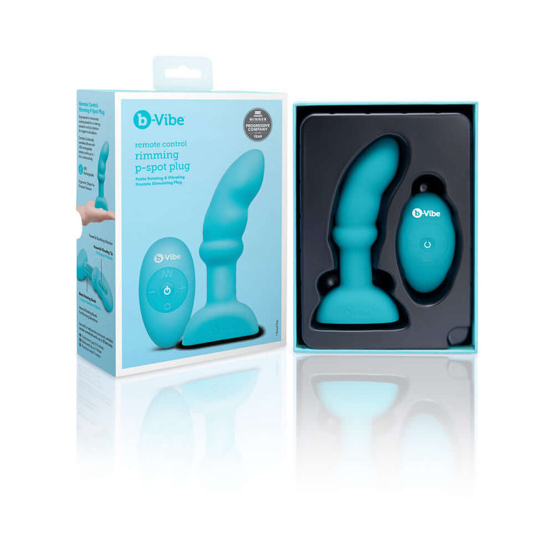 b-Vibe Remote Control Rimming P-Spot Plug packaging showing the product and remote control
