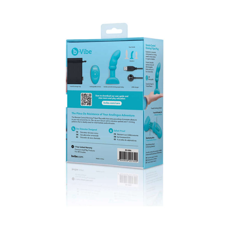 b-Vibe Remote Control Rimming P-Spot Plug packaging showcasing features and components for enhanced anal pleasure.