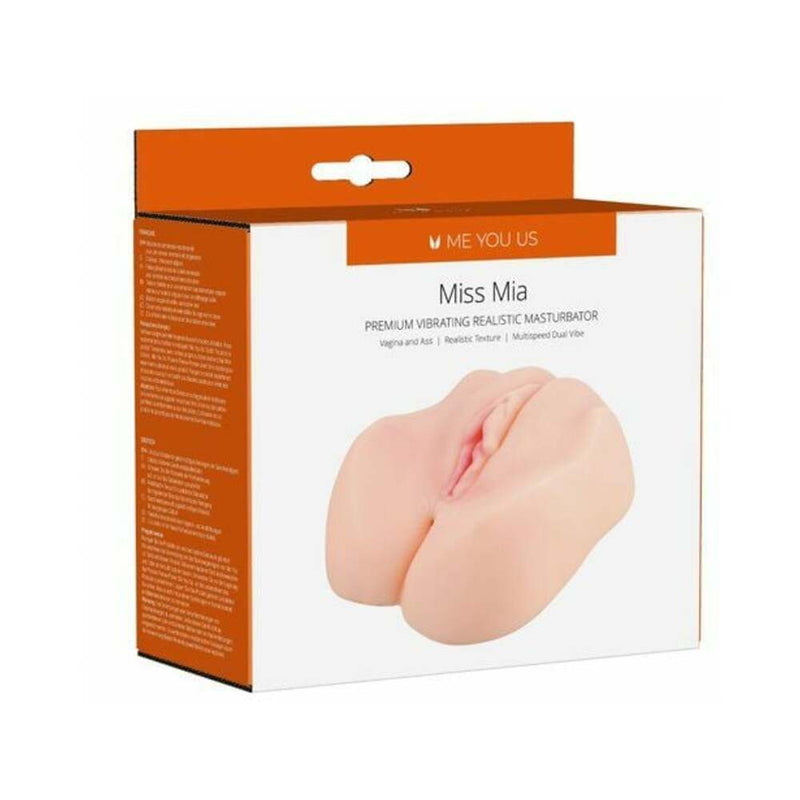 Miss Mia Premium Vibrating Realistic Masturbator Vanilla packaging with dual-entry openings.