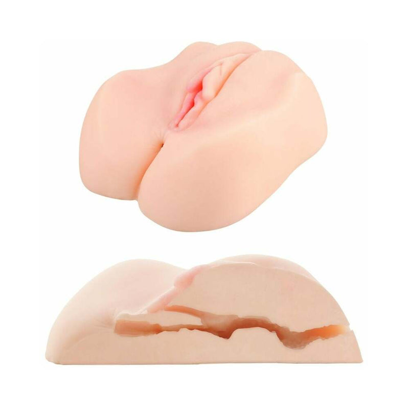 Miss Mia Premium Vibrating Realistic Masturbator Vanilla showing dual-entry design with soft vaginal and textured anal openings.