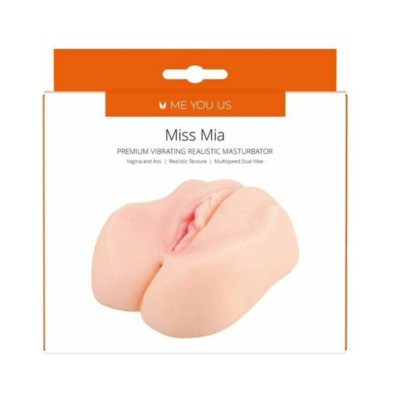 Miss Mia Premium Vibrating Realistic Masturbator Vanilla packaging showcasing dual-entry design and realistic texture.