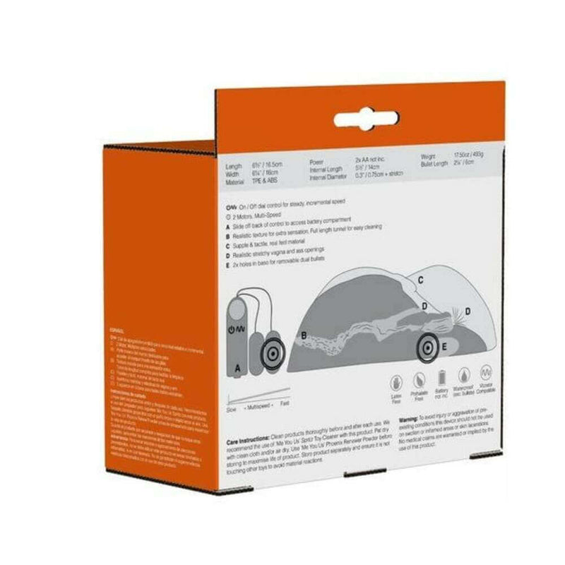 Packaging for Miss Mia Premium Vibrating Realistic Masturbator Vanilla with features and specifications outlined.