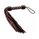 Ruff Doggie Styles Short Suede Flogger Pink Black with a braided handle and pink and black tails for sensation play.