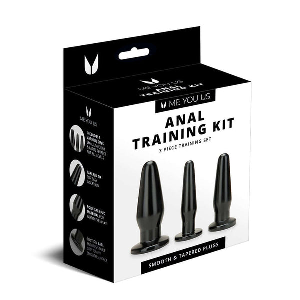 Me You Us Anal Training Kit 3-Piece Plug Set packaging featuring smooth tapered plugs for anal training.