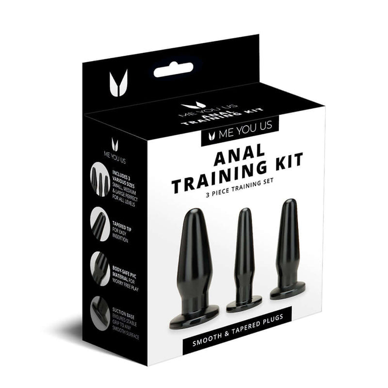 Me You Us Anal Training Kit 3-Piece Plug Set packaging featuring smooth tapered plugs for anal training.