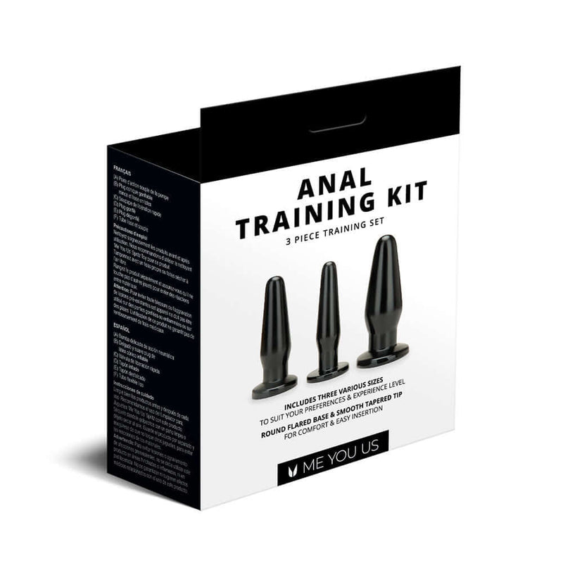 Me You Us Anal Training Kit 3-Piece Plug Set packaging featuring three varying sizes for anal training.