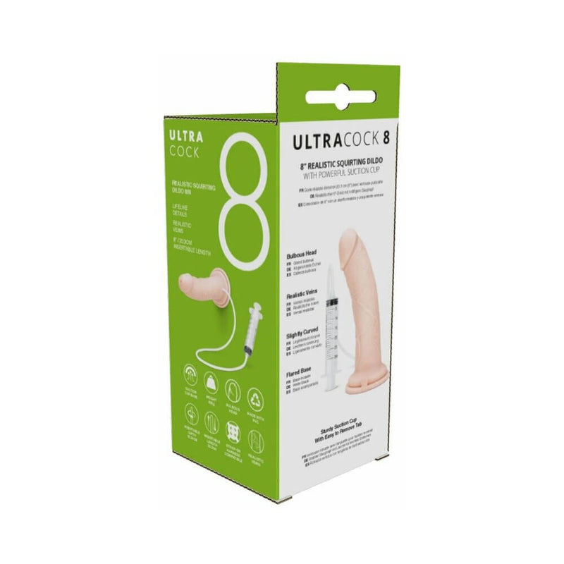 Ultra Cock 8 inches Realistic Squirting Dildo Vanilla packaging featuring a lifelike design and instructions.