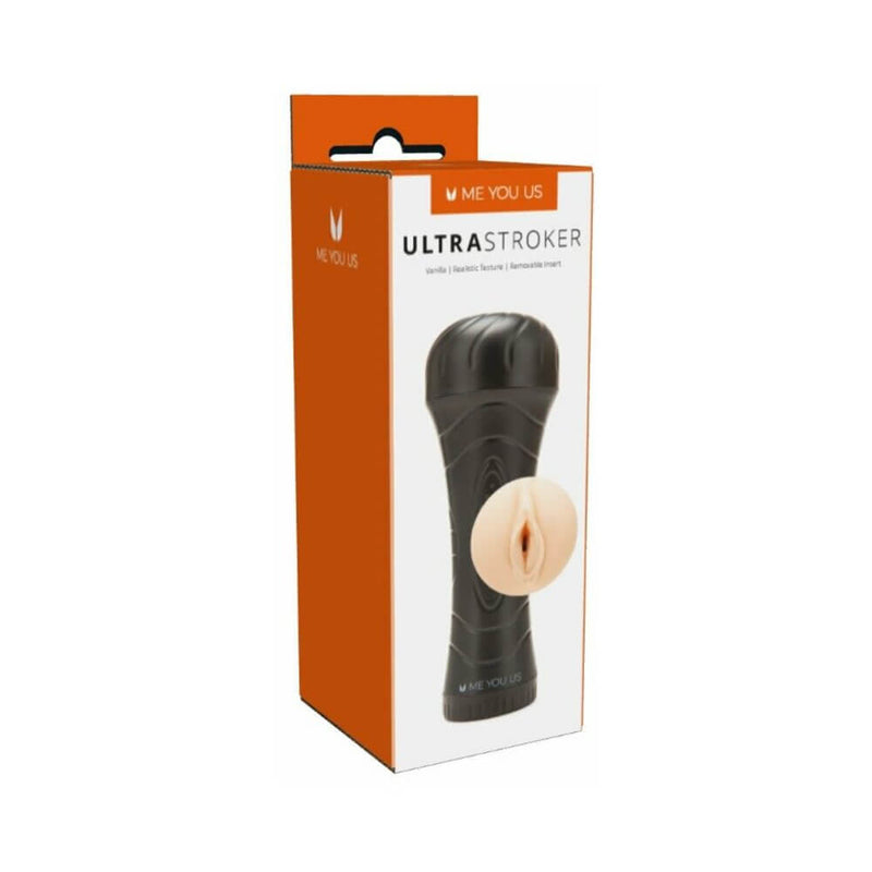 Me You Us Ultra Stroker Vagina Vanilla product packaging featuring a realistic design for intense pleasure.