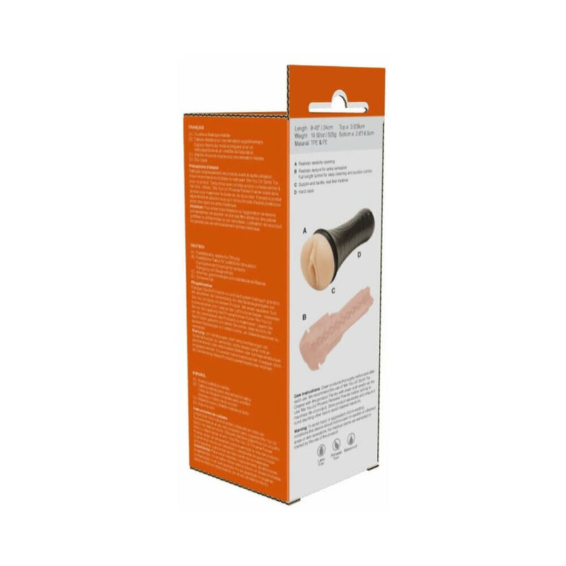 Me You Us Ultra Stroker Vagina Vanilla packaging detailing features and specifications.